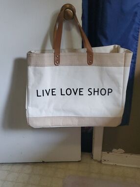 Canvas Tote Bag with 'LIVE LOVE SHOP' Print - Cream with Tan Handles